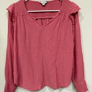 LOFT Textured Dot Coral/Pink Ruffle Long Sleeve Women’s Blouse size M